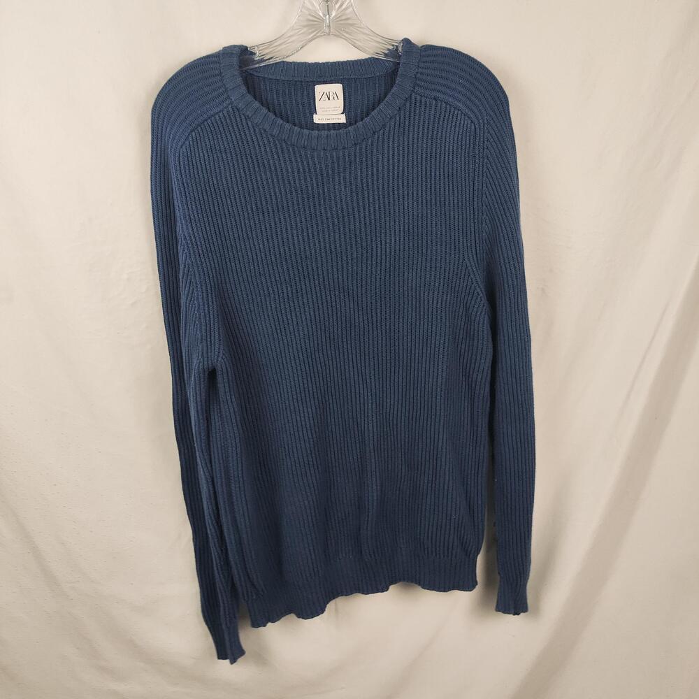 Zara Sweater Mens Large Blue Ribbed Knit Crewneck Cotton Pullover Chunky